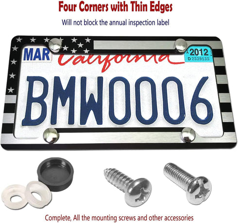 AOOTF American Flag License Plate Frame - USA Aluminum Metal License Plate Cover Auto Car Truck Tag Holder Thin Blue Line Black and White Stripes ...