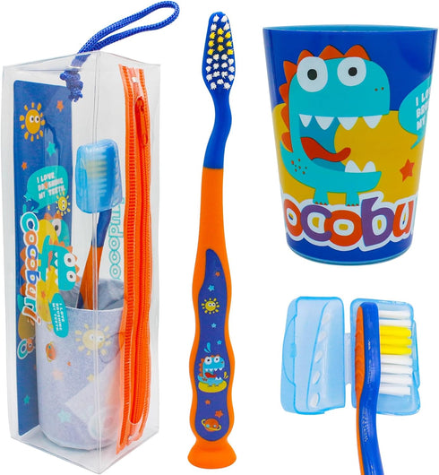 Dinosaurs 4-Piece Toothbrush Set Kid's Toothbrush Set Kids travel set Toothbrush, Toothbrush Cap, Cup Included and Carry Bag...