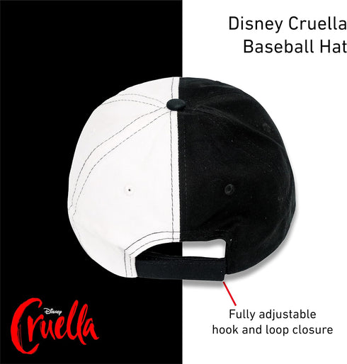 Disney Cruella Two-Tone Cotton Adjustable Dad Hat with Curved Brim, Black and White, One Size...