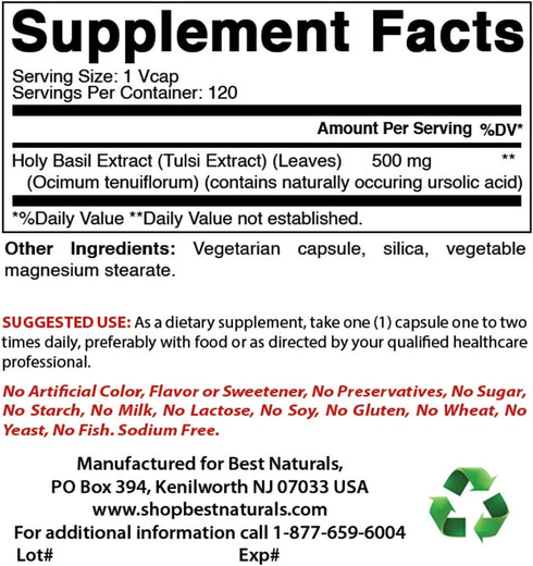 Best Naturals Holy Basil Stress Management 500 mg 120 Veggie Capsules...