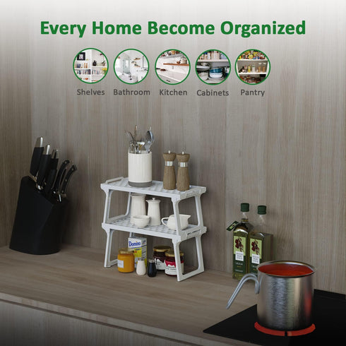 ums Kitchen Cabinet Shelf Organizers - White Plastic Stackable Freezer Rack, Usable Storage Rack for Your Spice, Refrigerator, Pantry (12 X 5.5 in...