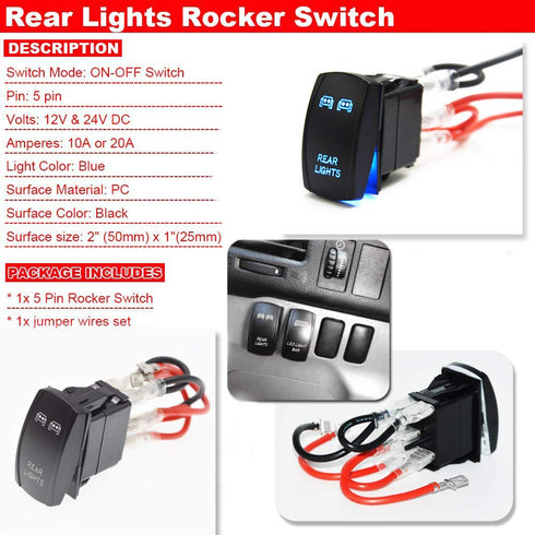 Universal 3pcs Rocker Switch LED Light & Rear light & USB Power Charge Toggle Switch Blue Backlit 20A 12V Compatible with ATV UTV RZR Ranger Maver...