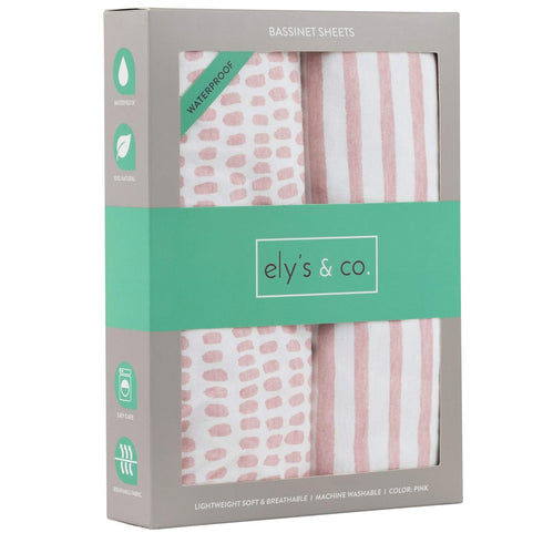 Ely's & Co. Patent Pending Waterproof Bassinet Sheet, No Need for Bassinet Mattress Pad Cover, 2 Pack Mauve Pink Splash & Stripes,for Baby Girl 32...