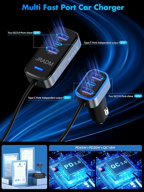 Car USB Charger Multi Port, 135W 6-Port PD 45W 30W & QC3.0 30W Multiple Car Charger, Cigarette Lighter USB Charger for Multiple Devices with 5FT C...