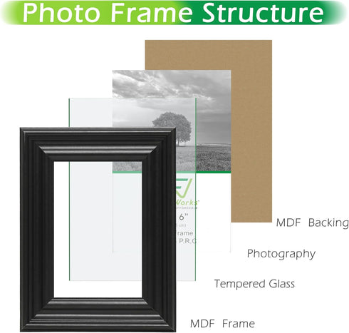 FrameWorks - 2-Pack - 4” x 6” Black Wooden Picture Frames with Luxury Wide Molded Edges and Tempered Glass...