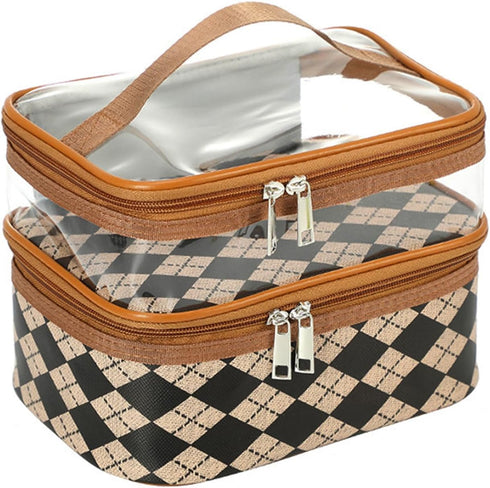 Double Layer Cosmetic Bag Toiletry Bag Makeup Bag Organizer Large Capacity Waterproof Makeup Case for Travel and Daily Use (coffee diamond plaid)...
