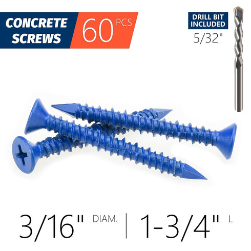 3/16" x 1-3/4" Concrete Screw Anchor, Blue Flat Head Screws for Anchoring to Masonry, Brick, Block, Cement or Stucco (Pack of 60)...