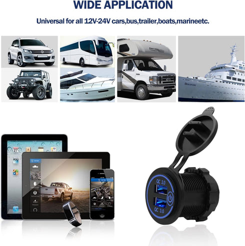 12V/24V 3.0 Dual USB Charger Socket with Touch Switch, Waterproof QC3.0 Dual USB Fast Charger Port Power Outlet for Marine, Boat, Motorcycle, Camp...