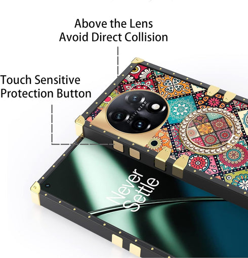 nancheng for Oneplus 11 Square Case (6.7-inch) with Ring Stand Cute Girls Women Retro Mandala Flower Pattern Metal Reinforced Corners Shockproof P...