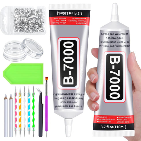 B7000 Glue Clear for Rhinestones, 2Pcs 110mL B-7000 Jewelry Bead Gem Glue with Crystal Rhinestones, Tweezer Dotting Rhinestone Tool for Clothe Fab...