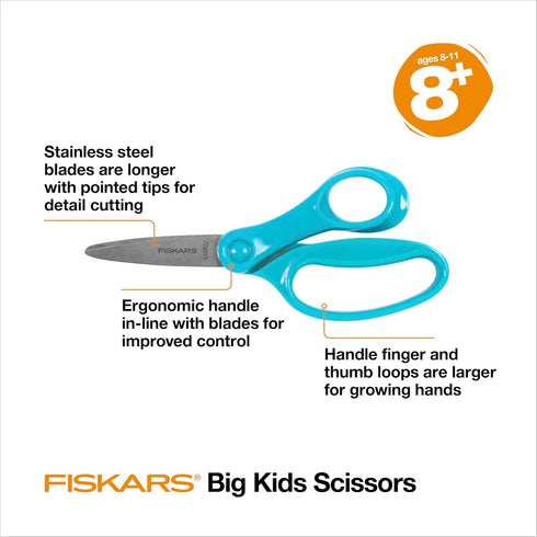 Fiskars 6" Big Kids Scissors, For Ages 8+, For School or Crafting, Turquoise...
