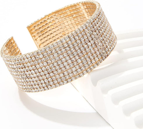 Sparkly Silver/Gold Simple Multi-layer Rhinestone Cluster Wide Cuff Bangle Wedding Jewelry for Women Bridal Statement Bracelet...
