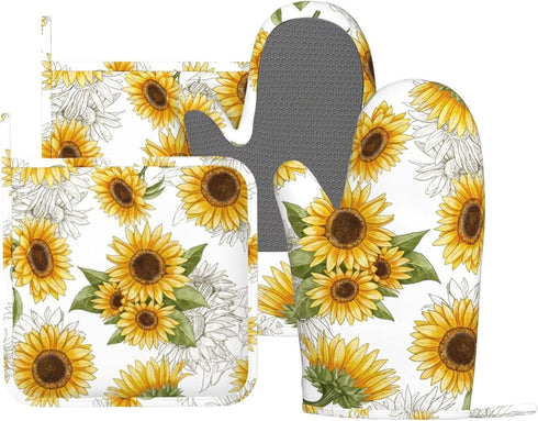 Sunflower Oven Mitts and Pot Holders Silicone Sunflowers Kitchen Gloves Yellow Sunflower Potholders Heat Resistant 4Pcs Oven Gloves Hot Pads for C...