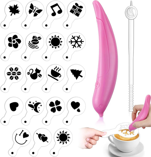 CHENGU Coffee Carving Pen Portable Electric Latte Art Pen Spice Pen with Stirring, 19 Pieces Coffee Cake Decorating Stencils, Cake Coffee Cappucci...
