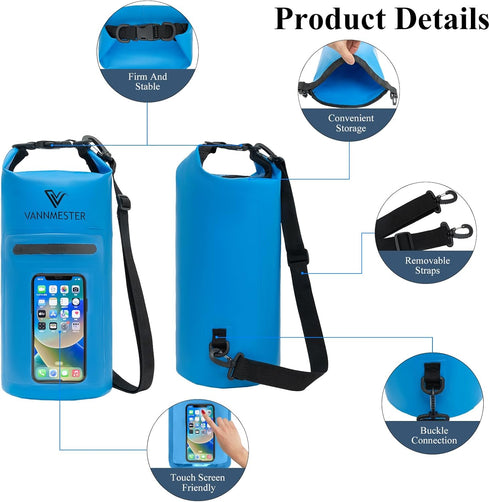 Marine Dry Bags,Waterproof Backpack Phone Pouch,Waterproof Bag Roll Top Sack for Kayaking,Beach,Rafting,Hiking,Camping,Fishing Blue 2L...