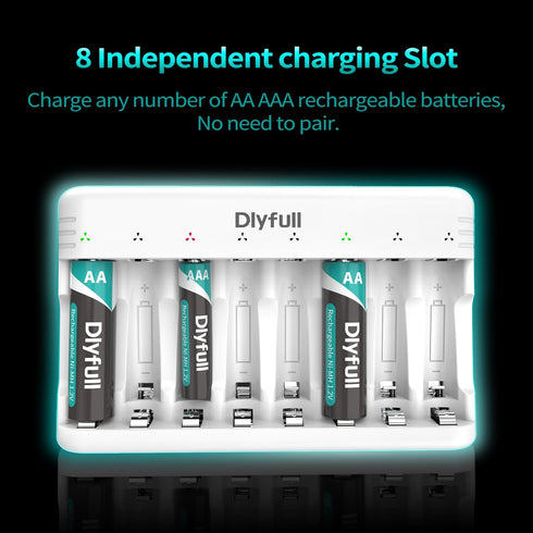 Dlyfull 8 Bay AA AAA Battery Charger with USB-C High-Speed Charging, Independent Slot for 1.2V Ni-MH Ni-CD Rechargeable Batteries, Cable Included....