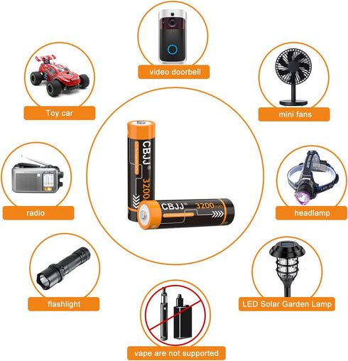 ? 3.7 Volt Rechargeable Batteries 3200mAh for Flashlights, Headlamps, Doorbells, RC Cars etc. (2 Pack Button Top)...