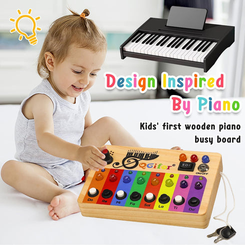 Autism Sensory Montessori Toys for 1 Year Old, Toddlers Busy Board for 1 2 3 4 Year Old, Wooden Switch Button Musical Mini Piano Key with LED Ligh...