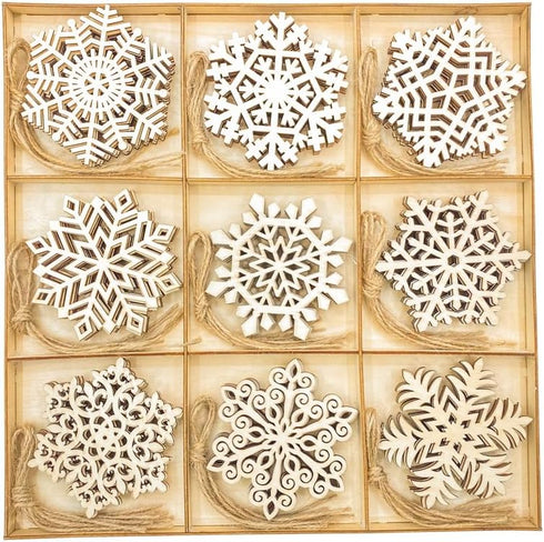 45 Pack Wooden Snow Flakes 3.5 Inch Unfinished Wood Snow Shaped Cutouts for DIY Christmas Crafts, with Sorting tray(5 Pieces each, 9 designs)...
