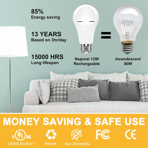 A19 Rechargeable Light Bulbs Emergency Light Bulb for Power Outages, Led Bulb 60 Watt Equiv., Self-charging Light Bulb 1200mAh Battery Backup Ligh...