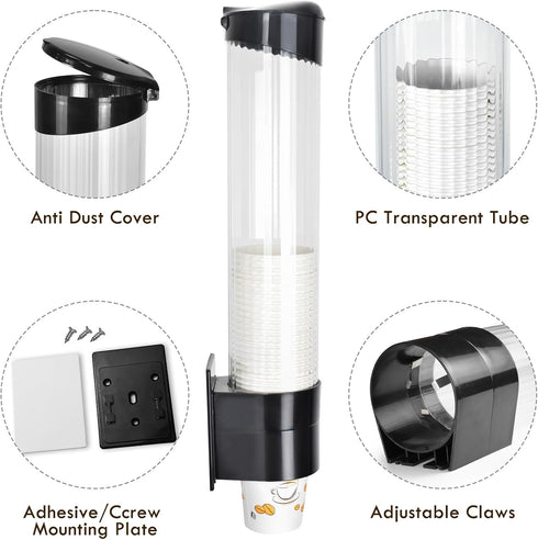 LBTING Cup Dispenser, Water Cooler Pull Type Cup Holder Fits 7oz - 12oz Cone or Flat Bottom Cups, Paste or Screw Plate Wall Mount, 16.9" Tube Leng...