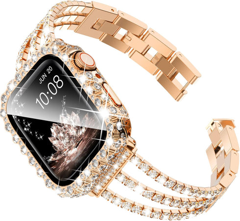 Surace Metal Band for Apple Watch Bands 40mm for Women Series 6 5 4, Bling Diamond Rhinestone Link Bracelet with 2 in 1 Waterproof Bling Case Lace...