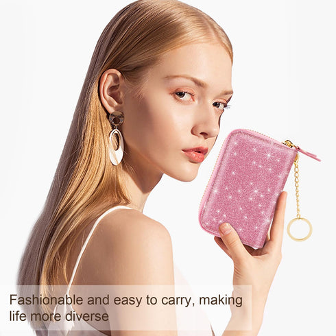 Double Zipper Credit Card Holder RFID Blocking Coin Pouch Slot Glitter Shining Leather Small Cute Card Wallet for Women with Keychain, Pink Glitte...