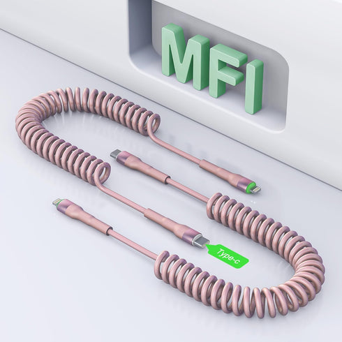 Coiled USB C to Lightning Cable 3Ft, Short USB C iPhone Cord Coiled iPhone Charger for Car Apple CarPlay, Pink with Data Sync & LED...