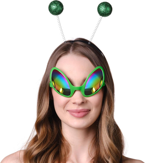 Cheerin Green Alien Headband and Glasses - Martian Antenna Headband - Glitter Ball Head Boppers - Space Theme Costume - Alien Costume Accessories...