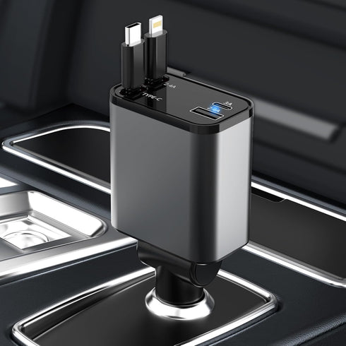 Retractable Car Charger, 4 in 1 Retractable Car Charger, 100W Dual Ports Fast Charger, Cigarette Lighter Car Charger for iPhone 15/14/13/12/11, iP...