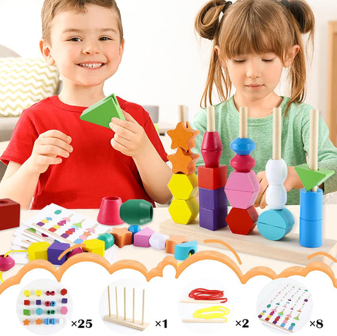 Montessori Beads Sequencing Toy Set, Wooden Stacking Blocks & Lacing Beads & Matching Shape Stacker STEM Preschool Learning Montessori Toys Gifts ...