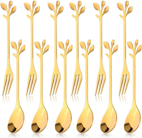 12pcs Stainless Steel Gold Leaf Coffee Spoon and Cake Fruit Forks Kitchen Accessory Wedding Party for Dessert, Salad, Appetizer, Spoon and Fork Se...