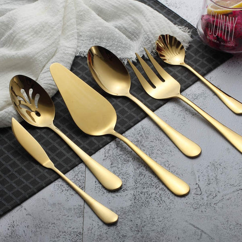 Berglander Stainless Steel Titanium Plated Flatware Serving Set, 6 Pieces, 5 Serving Sets of 45 Pieces Flatware With 1 Cake Server, Shiny Golden S...