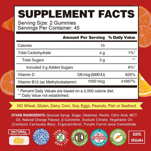 Vegan Vitamin B12 Gummies with Vitamin D - 90 Count I 1000 MCG Methyl B12 & D3 5000 IU Chewable Gummies Supplements for Adults & Kids - Supports B...
