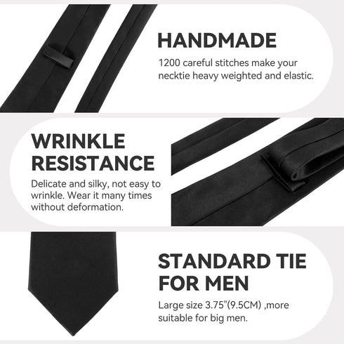 Black Ties For Men Solid Color Formal Neckties 3.75''(9.5CM) XL Tie Big Ties For Men...
