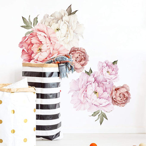 Watercolor Peony Flowers Wall Decals Floral Wall Stickers for Living Room, Delicate White & Pink Flowers Wall Posters Vinyl Blossom Art Applique f...