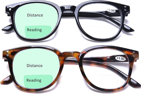 AQWANO Bifocal Reading Glasses Men Women Lightweight Comfortable 2 Pack Round Fashion Readers with Spring Hinges, 2.0...
