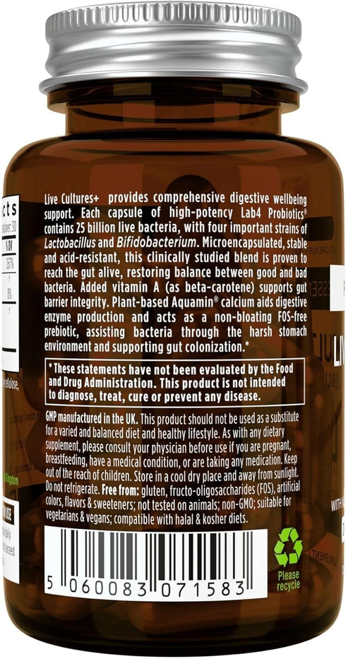 Live Cultures+ Lab4 Probiotics & Prebiotic, Vegan, Non-GMO, Lactobacillus Acidophilus & Bifidobacterium, Guaranteed 25 Billion CFU, Non-Bloating G...