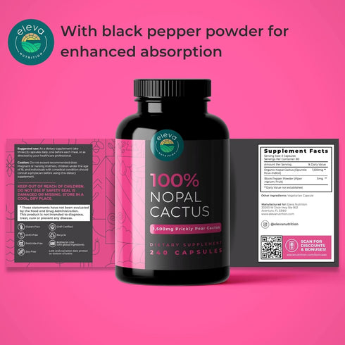 Nopal Cactus Capsules 1500mg — Organic Sun-Dried Prickly Pear Cactus Powder and Black Pepper Extract for Absorption — Natural Prickly Pear Extract...