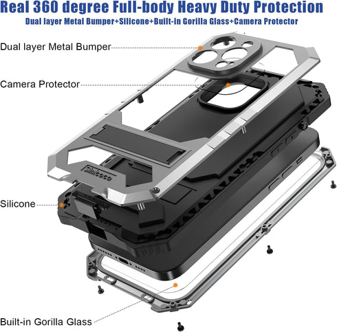 iPhone 14 Pro Max Waterproof Case, iPhone 14 Pro Max Metal Case with Screen Protector Kickstand Military Full Body Rugged Heavy Duty Dustproof Def...
