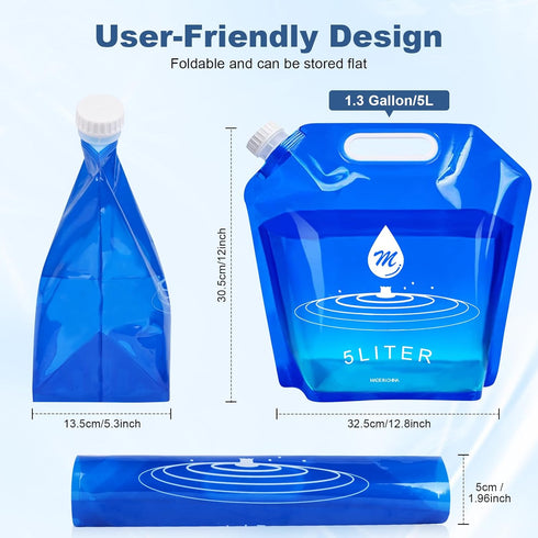 Water Container Bags, 4 Packs BPA Free No-Leak Foldable Plastic 1.3 Gallon Water Container Bag for Camping Hiking Backpack Emergency Storage Jug...