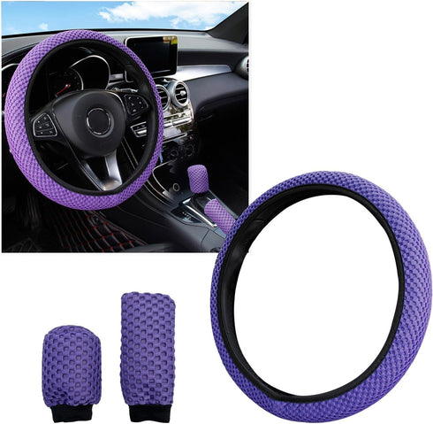 3 PCS Car Gear Shift Knob Cover & Handbrake Cover & Steering Wheel Cover, Anti-Slip Breathable Comfortable Handbrake Gear Shift and Steering Wheel...