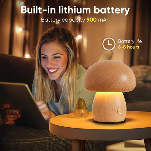Wooden Mushroom Lamp, Portable Cordless Small Lamp, Rechargeable Battery Operated Lamp,Stepless Dimming, Night Light for Birthday Gifts...