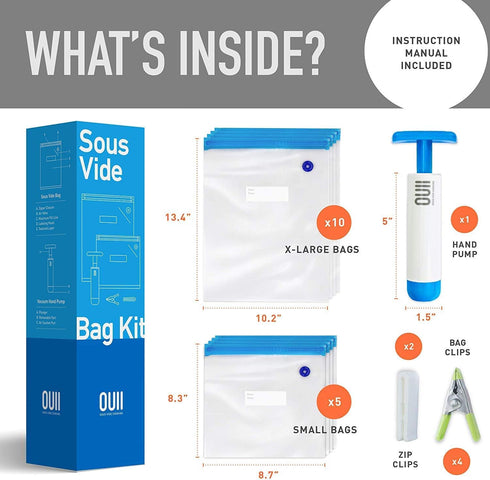 Sous Vide Bags for Joule and Anova Cookers - 15 Reusable BPA-Free Sous Vide Bags with Vacuum Hand Pump in Various Sizes -Vacuum Sealer Bags Food S...
