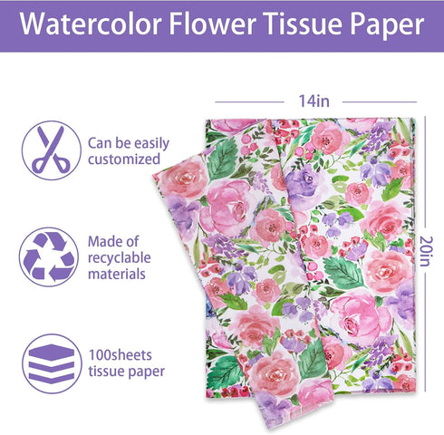 Whaline 100Pcs Floral Tissue Paper Watercolor Flower Gift Wrapping Paper Blossom Packaging Paper DIY Art Craft Paper for Home Wedding Baby Shower ...