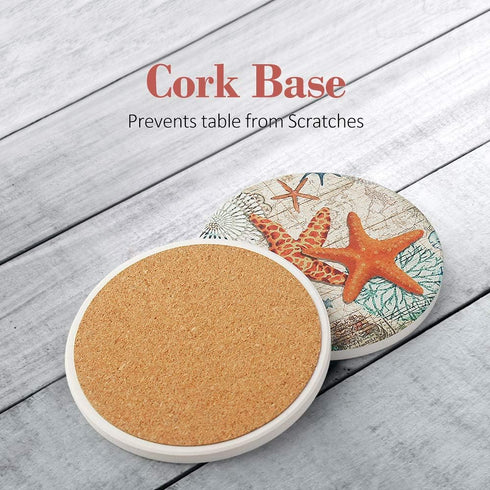 Absorbent Coasters Stone Coaster Set of 8, Cork Base, with Holder, RayPard Beach Theme Sea Life Coastal Coasters for Housewarming Apartment Kitche...