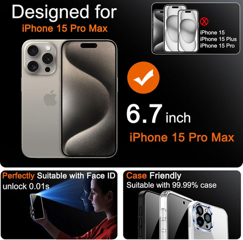 Milomdoi 4 Pack Privacy Screen Protector for Apple iPhone 15 Pro Max with 4 Pack Tempered Glass Camera Lens Protector, Ultra 9H Accessories, Case ...