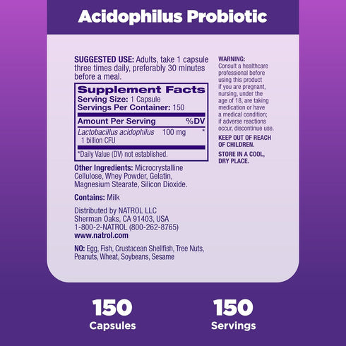 Natrol Acidophilus Probiotic 100 mg, Dietary Supplement for Healthy Gut Function, Digestive Health Capsules for Adults, 150 Capsules, Up to a 50 D...