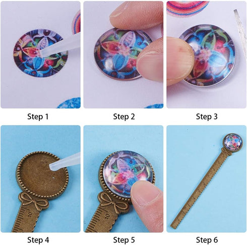 SUNNYCLUE 12PCS DIY 6 Sets Ruler Bookmark Pendant Tray Kit Round Bookmark Cabochon Setting Blanks with Clear Domed Glass Cabochon for DIY Alloy Bo...