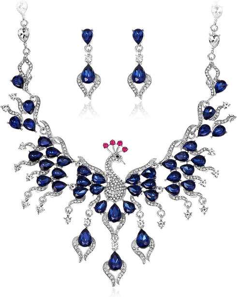 Peacock Necklace Earrings Jewelry Set for Women Austrian Crystal Enamel Peacock Necklace Set Fashion Banquet Accessories Gift (Blue set)...